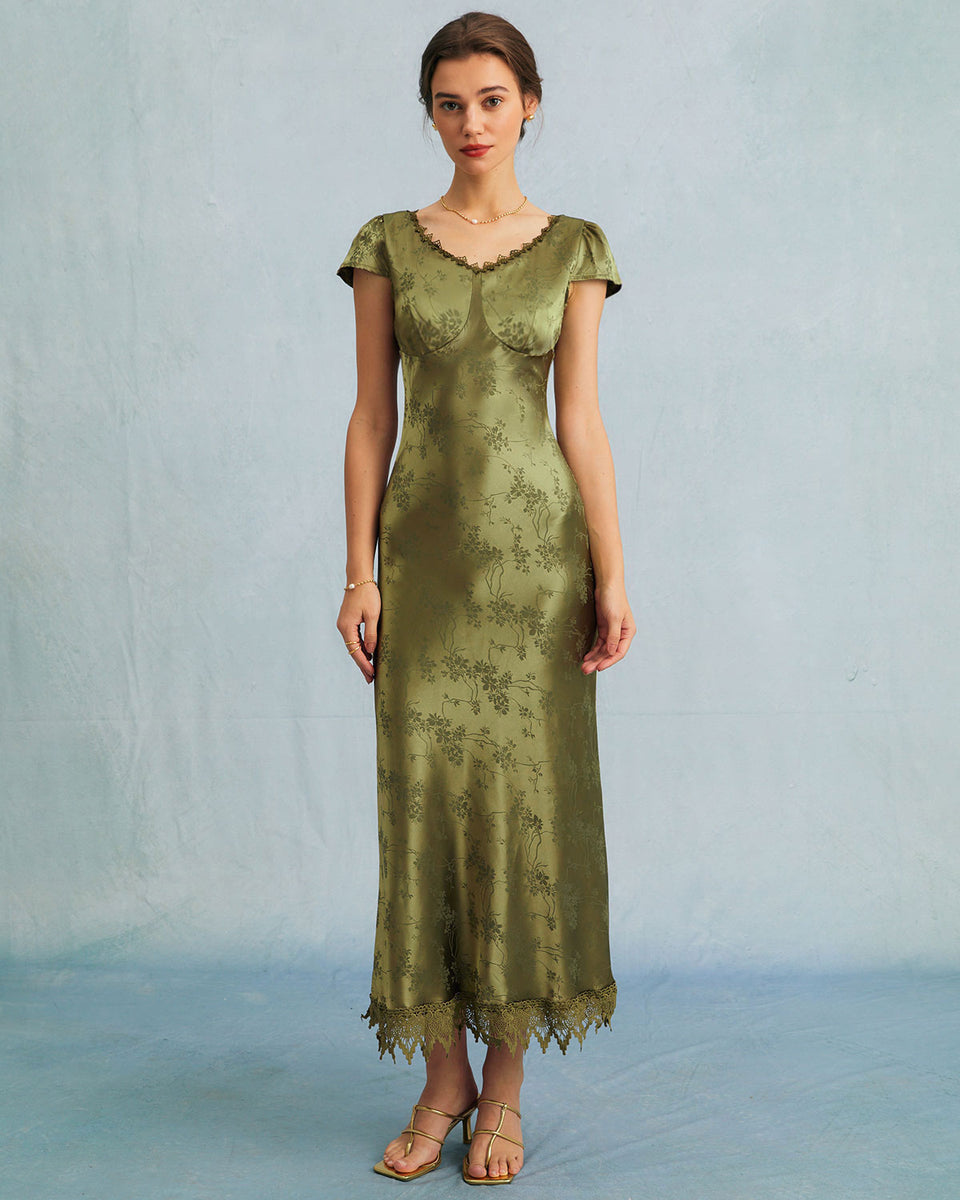 The Green Jacquard Cap Sleeve Satin Midi Dress - Satin Floral Green ...