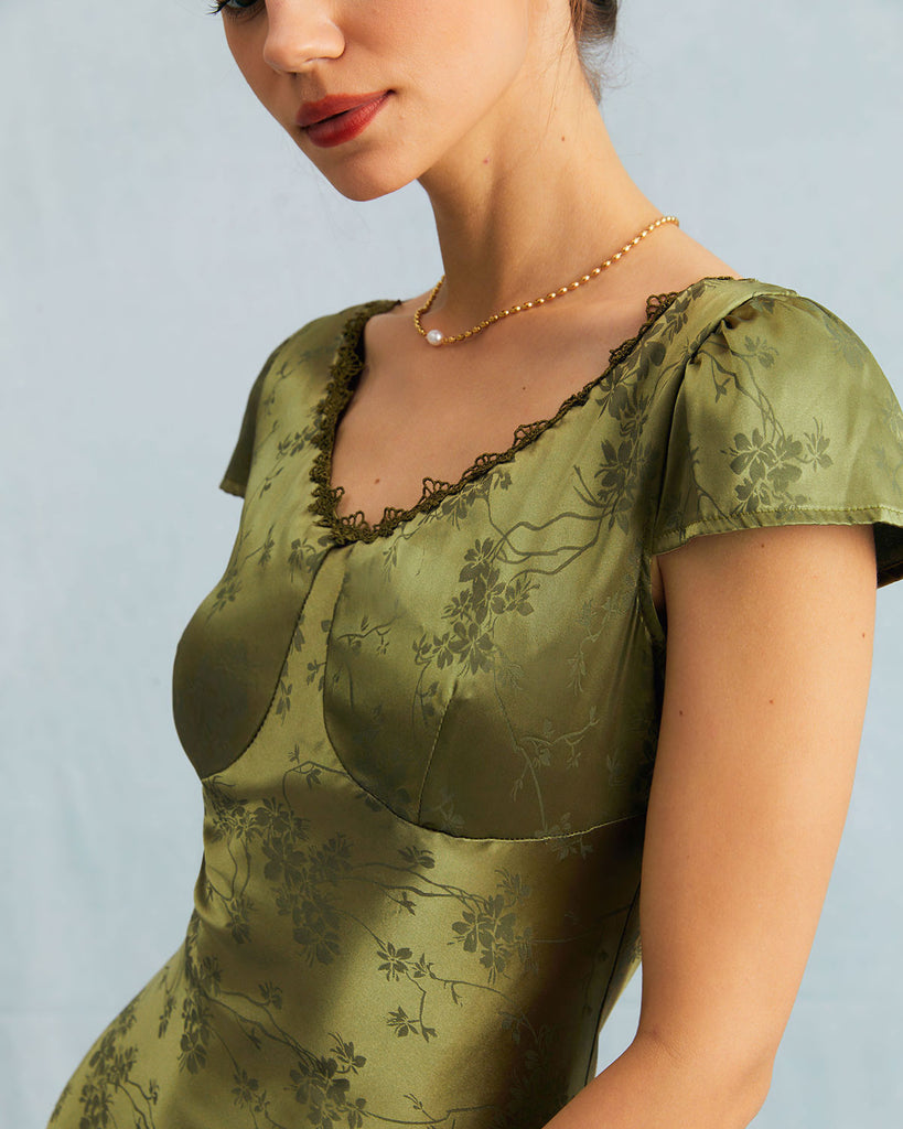 The Green Satin Jacquard Lace Midi Dress Dresses - RIHOAS
