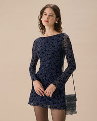 Damen – Durchsichtiges, langärmliges Minikleid in Blau