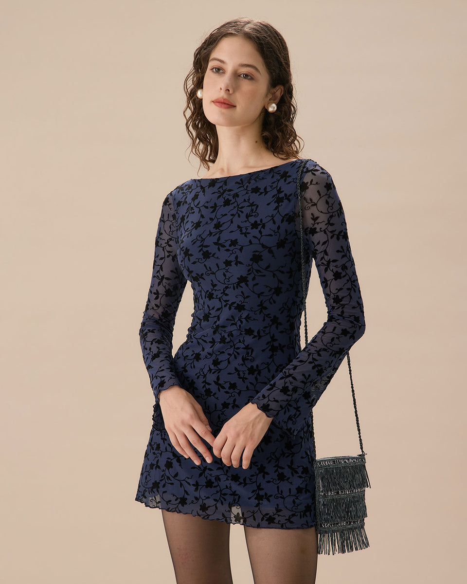 Women's Blue See-through Long Sleeve Mini Dress & Reviews - Blue - Dresses 