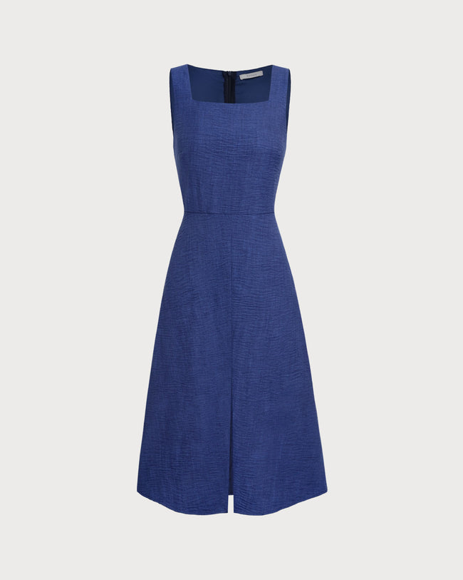 Blue Square Neck Pleated Sleeveless Midi Dress