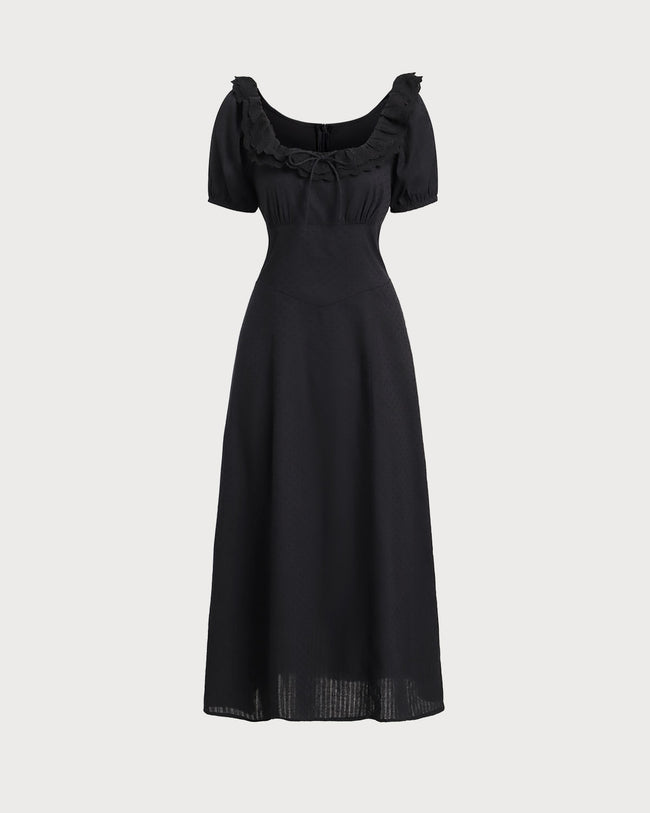 Black Embroidery Puffed Sleeve Maxi Dress