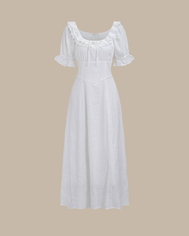 White Embroidery Puffed Sleeve Maxi Dress