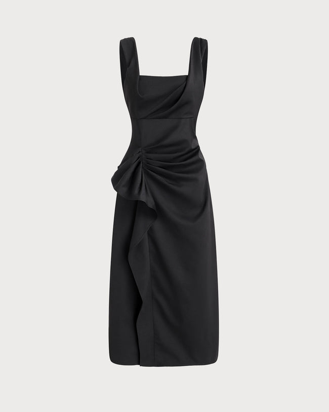Black Ruffle Ruched Slip Midi Dress
