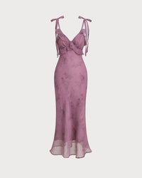 Purple Floral Ruffle Tie Strap Midi Dress