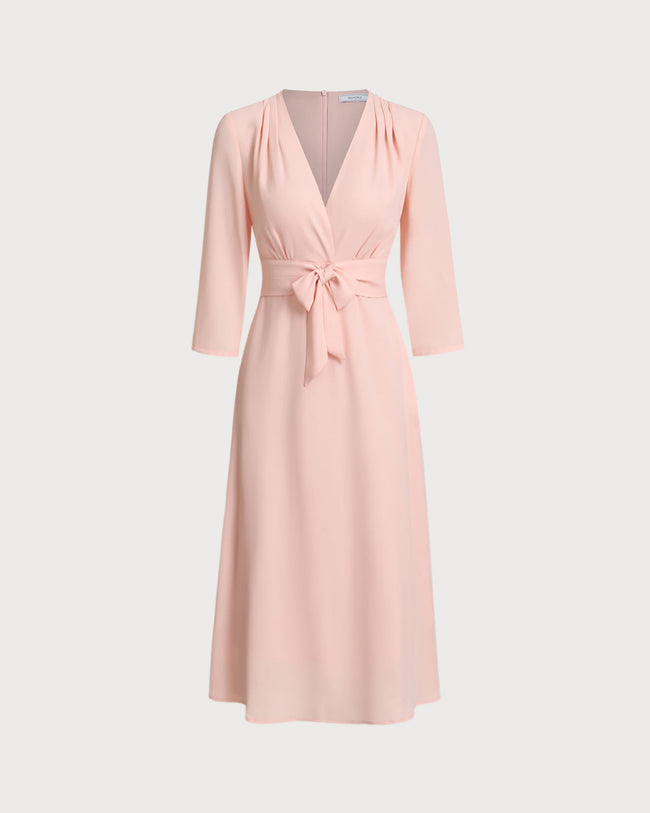 Pink V-Neck Pleated Midi Dress