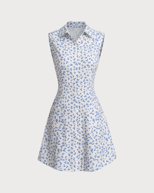 Blue Floral Pocket Sleeveless Mini Dress