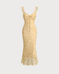 Yellow Floral Ruched Ruffle Midi Dress
