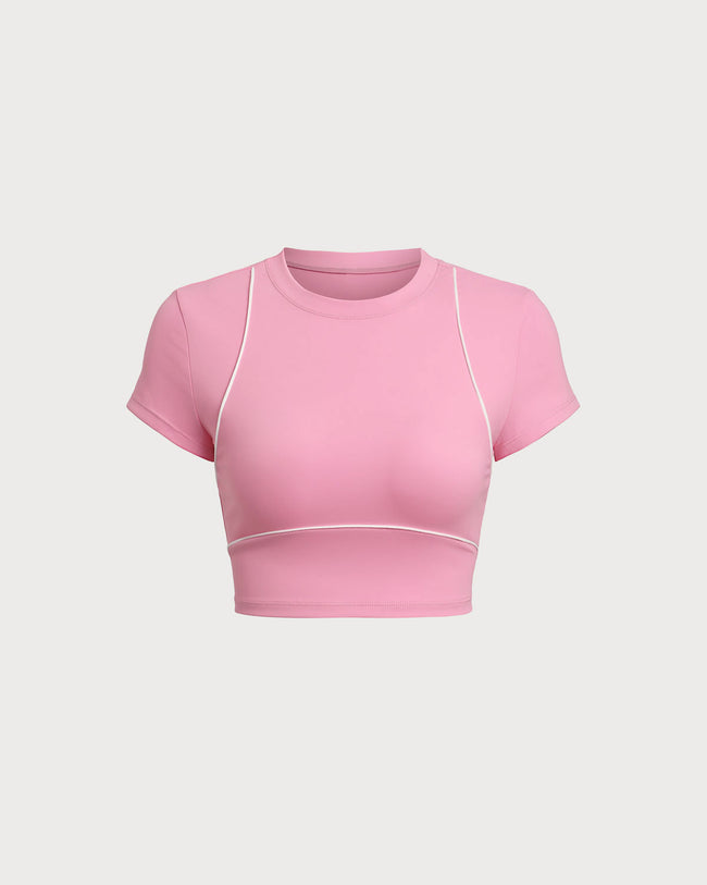 Pink Round Neck Yoga Short Sleeve Top - Light Support