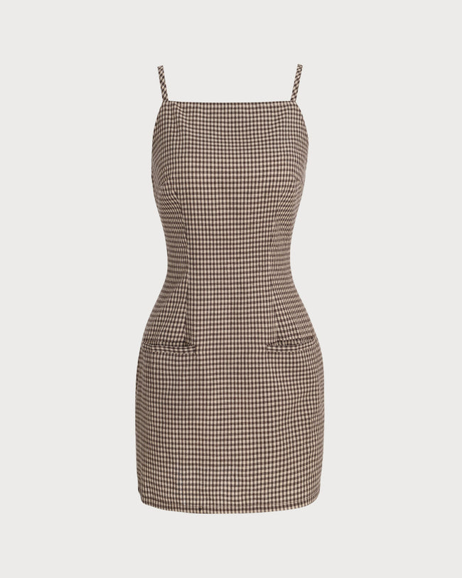 Brown Plaid Slip Mini Dress