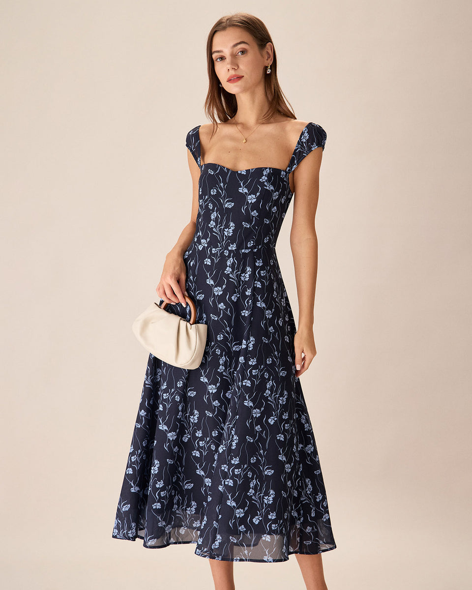 Navy Floral Sweetheart Neck Midi Dress & Reviews - Navy - Dresses