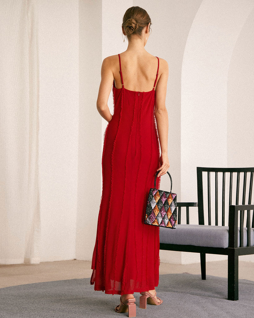 The Red Ruffle Trim Slit Maxi Dress Red Dresses - RIHOAS