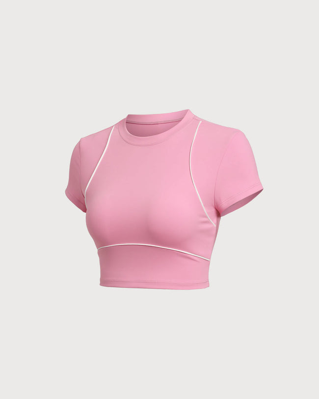 Pink Round Neck Yoga Short Sleeve Top - Light Support