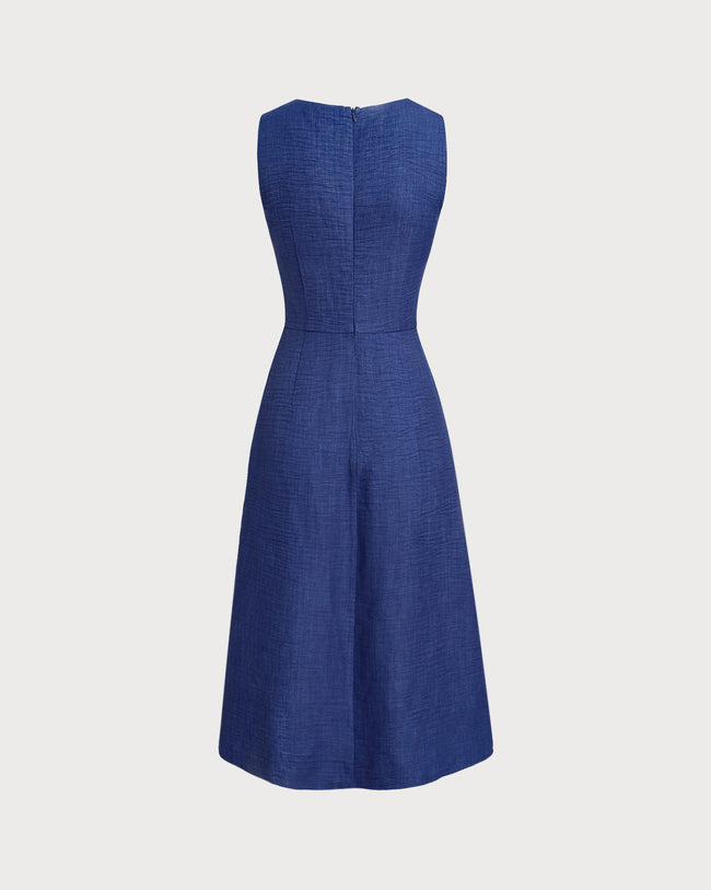 Blue Square Neck Pleated Sleeveless Midi Dress
