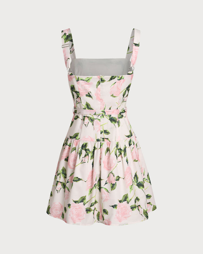 Pink Floral Ruched Belted Slip Mini Dress