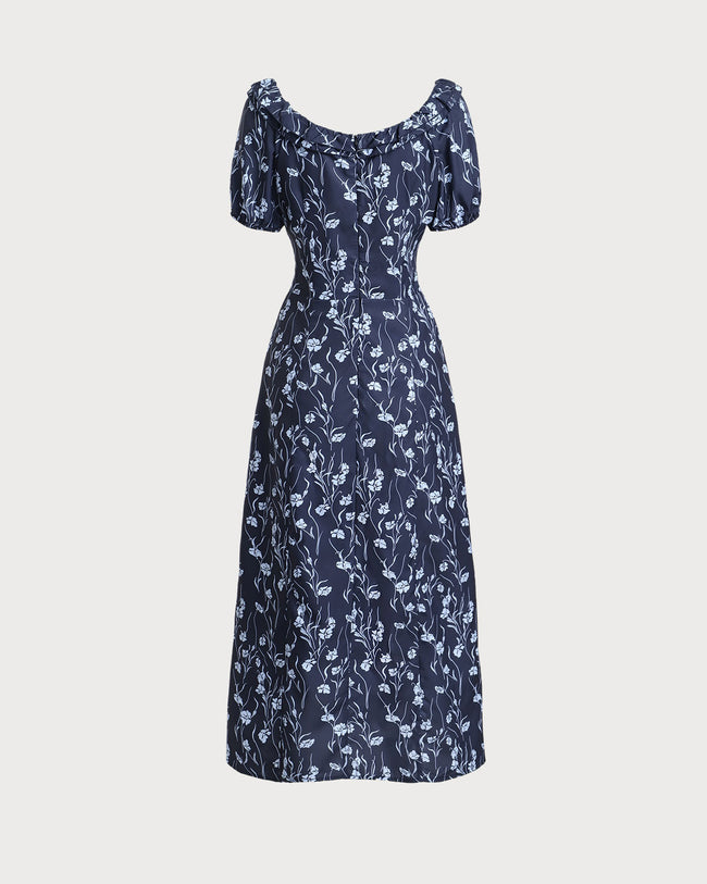 Navy Floral U-Neck Puffed-Sleeve Maxi Dress