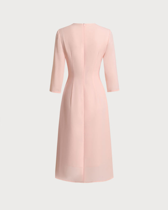 Pink V-Neck Pleated Midi Dress