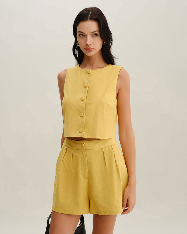 Yellow Ruched Button Shorts