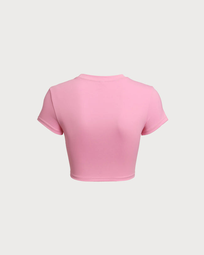 Pink Round Neck Yoga Short Sleeve Top - Light Support