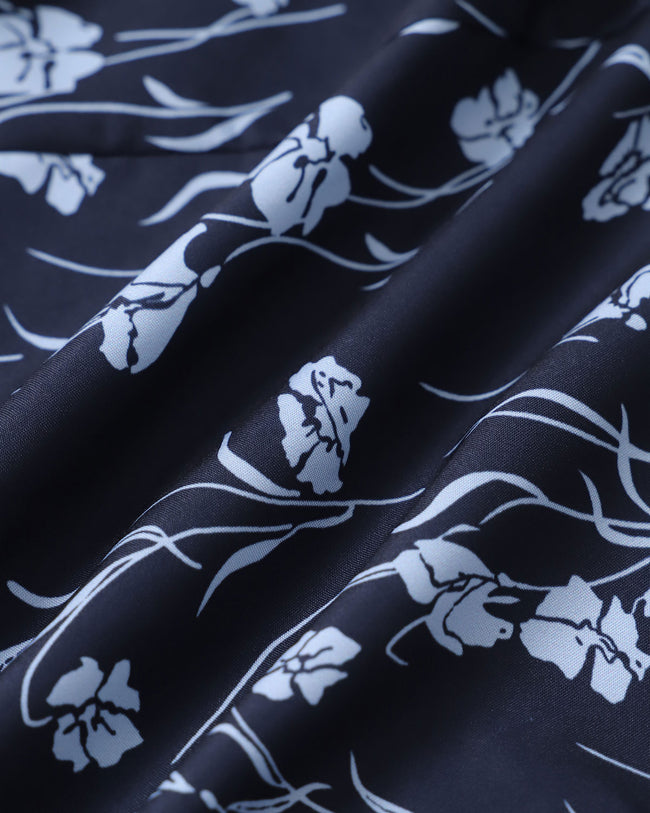 Navy Floral U-Neck Puffed-Sleeve Maxi Dress