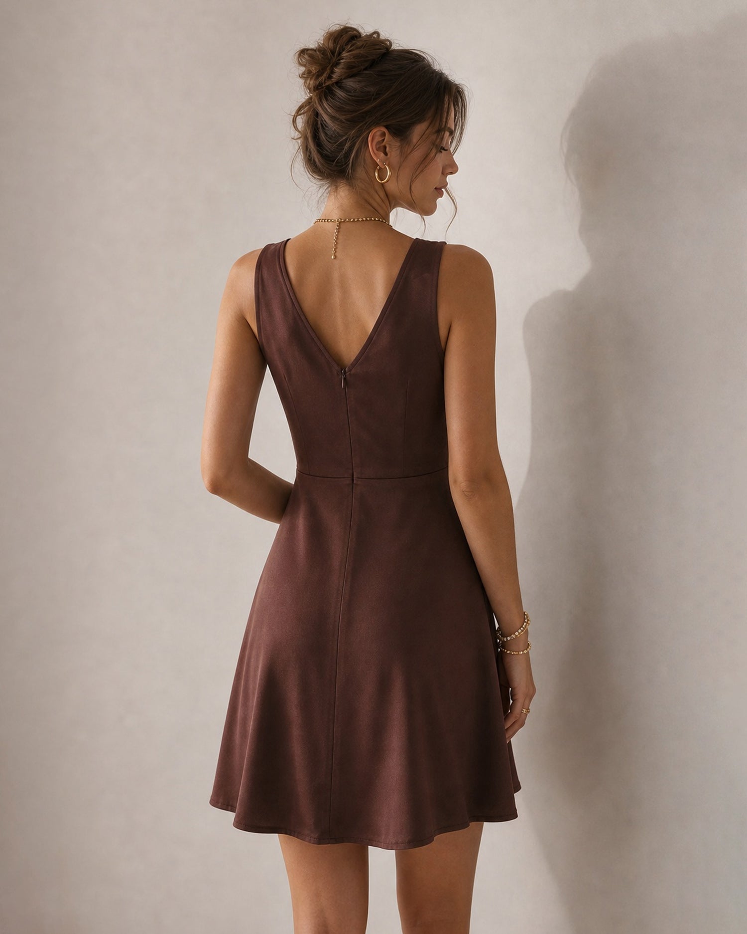 brown-sleeveless-v-neck-satin-mini-dress