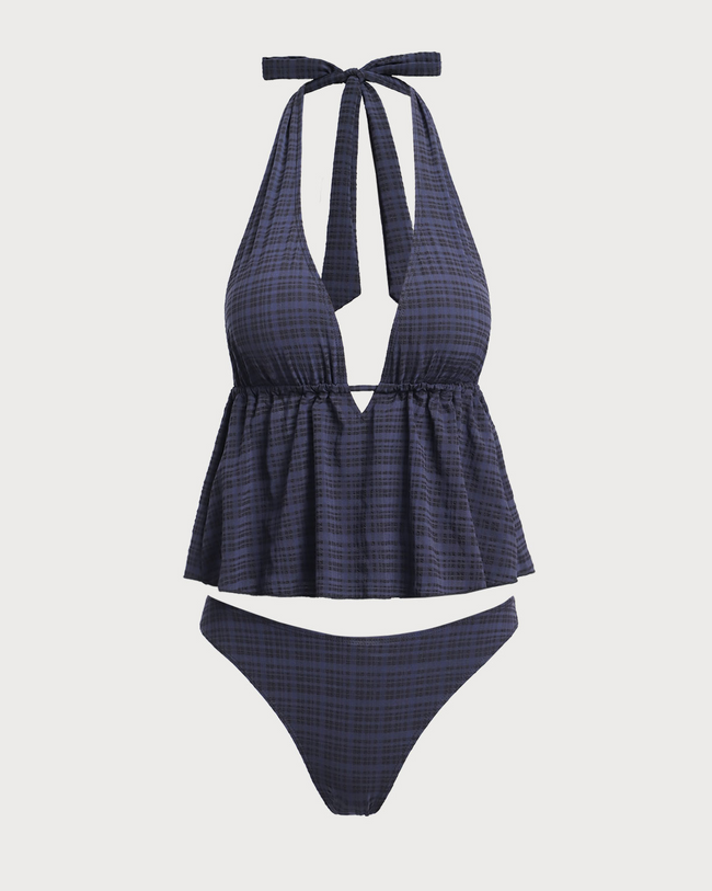Black Deep V Neck Plaid Tankini Swimsuit