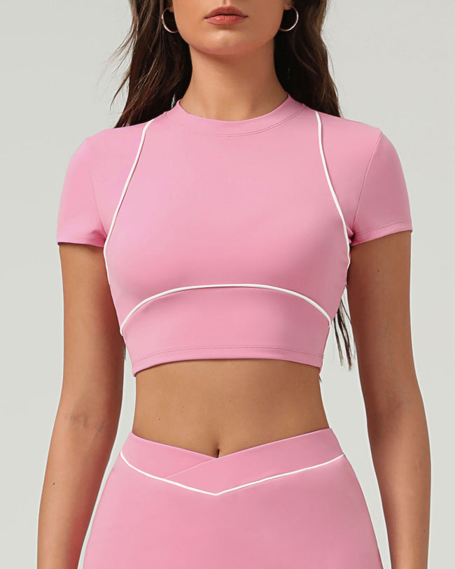 Pink Round Neck Yoga Short Sleeve Top - Light Support