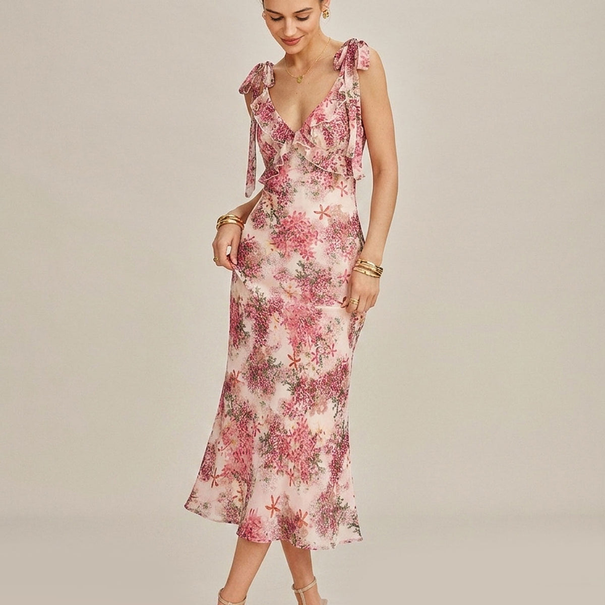 rihoas purple floral ruffle tie strap midi dress Purple Floral Ruffle Tie Strap Midi Dress