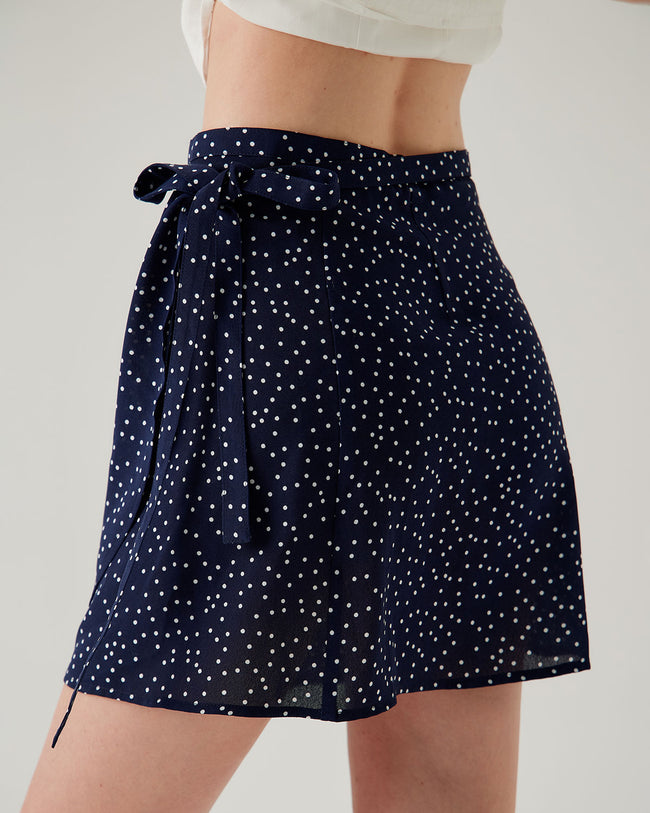 Navy Polka Dot Wrap Mini Skirt