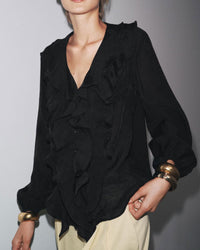 Black V Neck Ruffle Loose Shirt