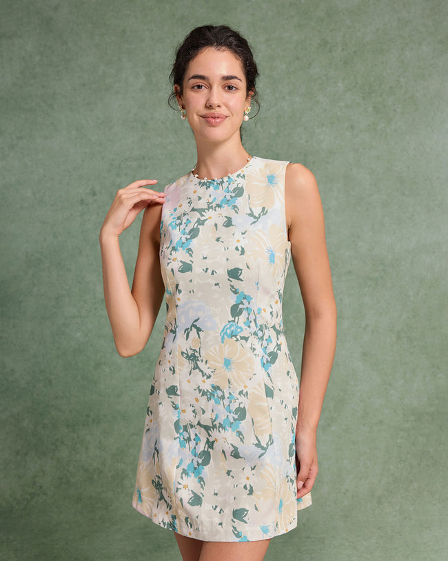 Green Floral Plant Sleeveless Mini Dress