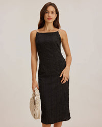 Black Textured Bodycon Beaded Strap Midi Dress
