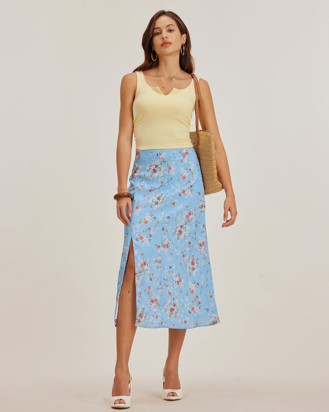 Blue Floral Slit A-Line Midi Skirt