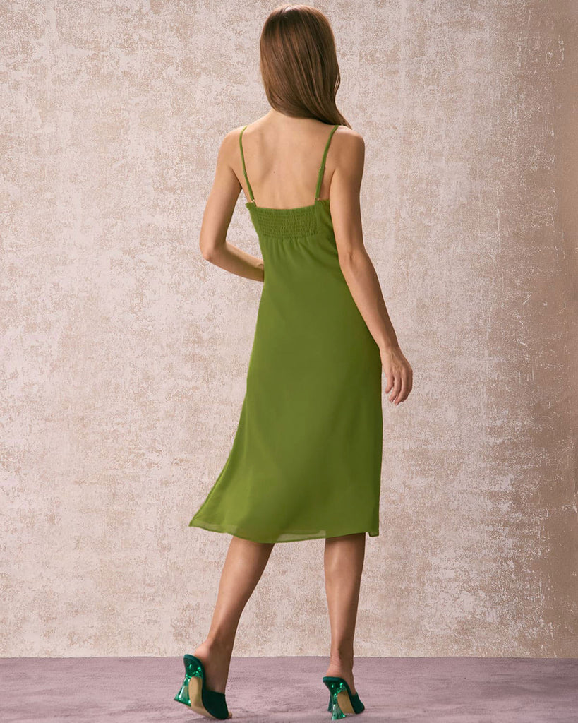 The Green Frill Trim Side Split Midi Dress Dresses - RIHOAS