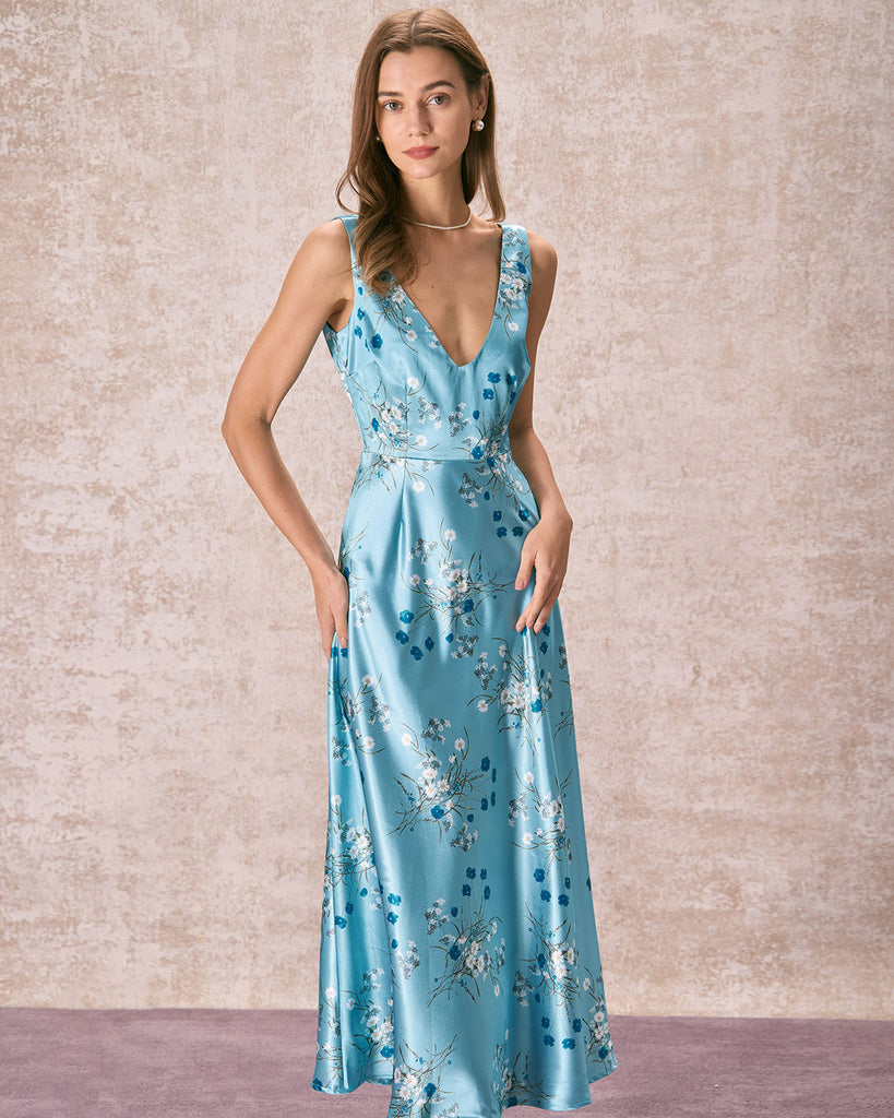 The Blue V Neck Floral Satin Maxi Dress Blue Dresses - RIHOAS