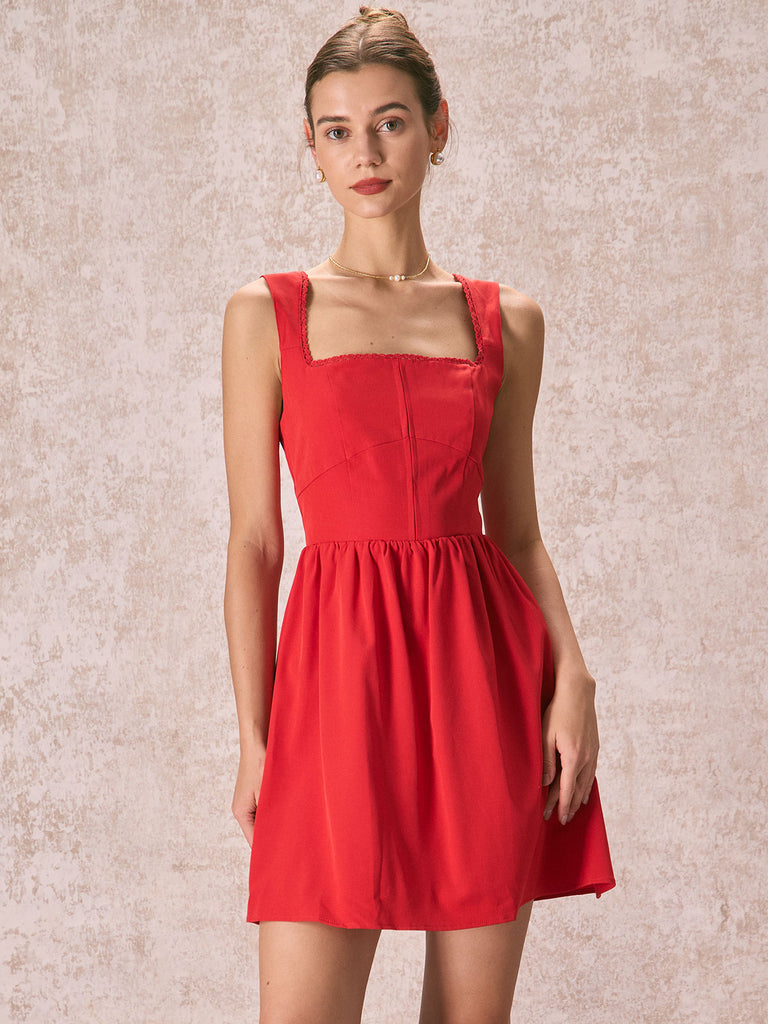 The Square Neck Lace Trim Dress Red Dresses - RIHOAS