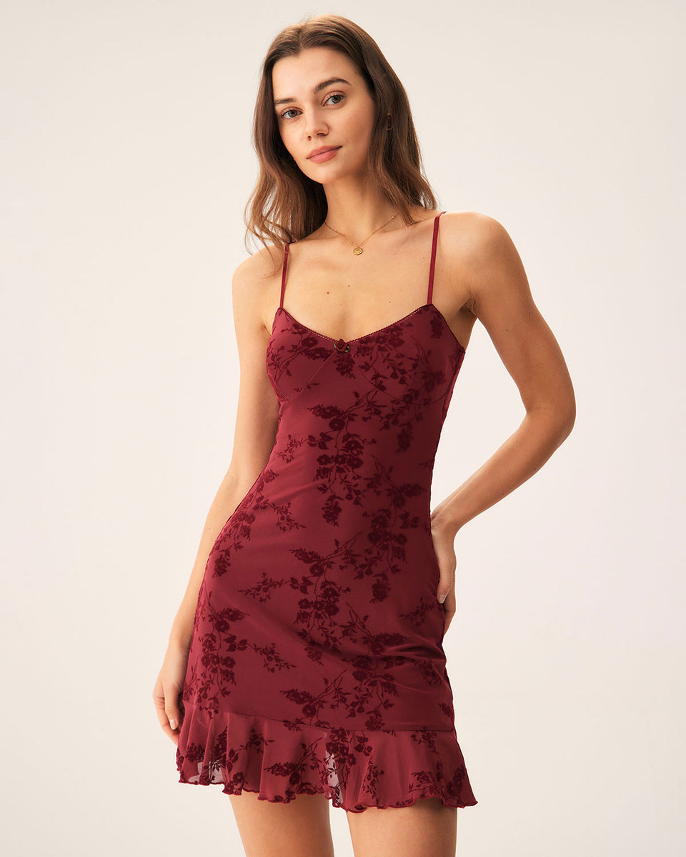 Red Floral Mesh Slip Mini Dress & Reviews - Wine Red - Dresses