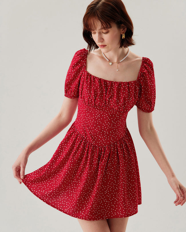 Red Polka Dot Square Neck Mini Dress