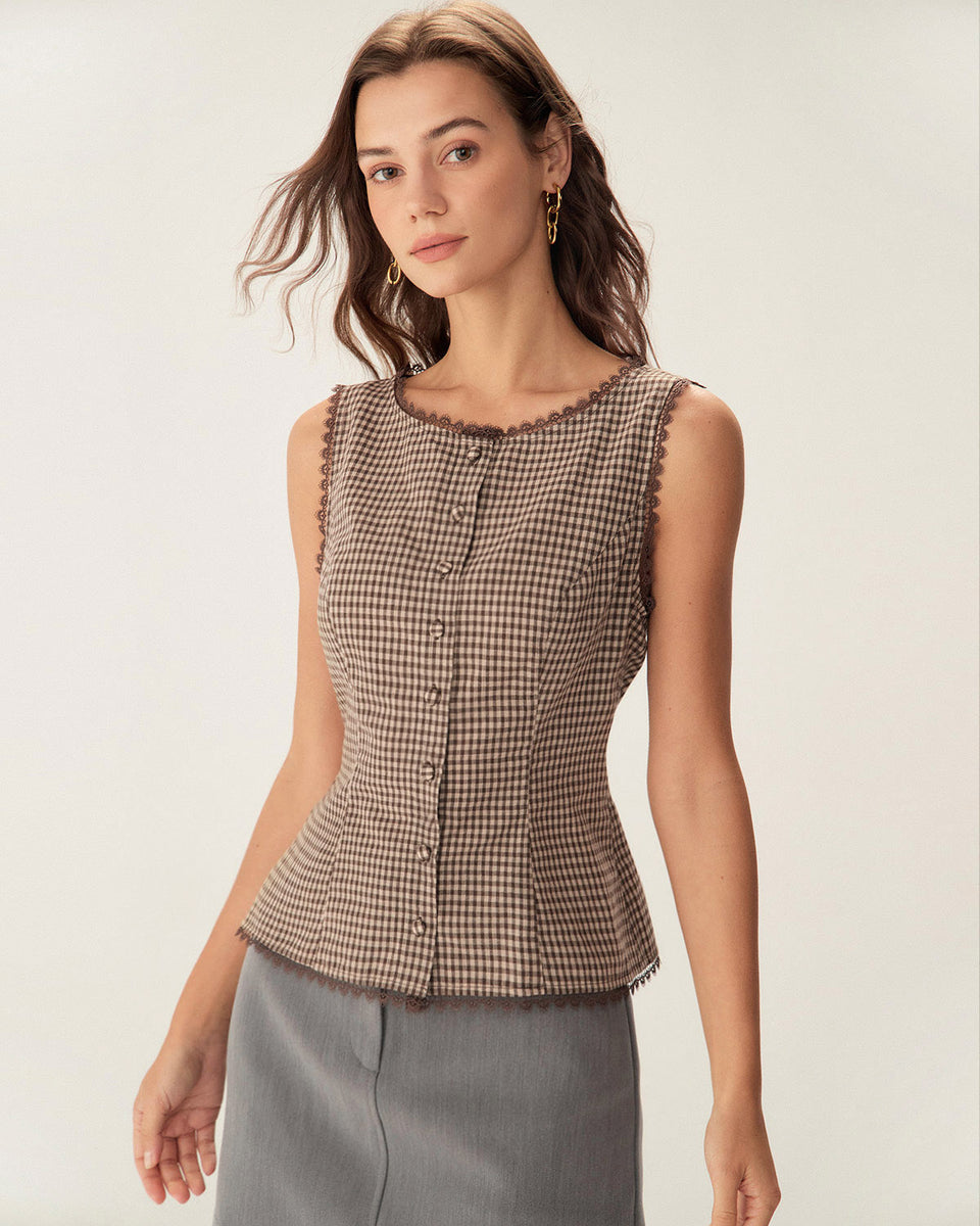 Brown Plaid Single Breasted Vest & Reviews - Brown - Tops | RIHOAS