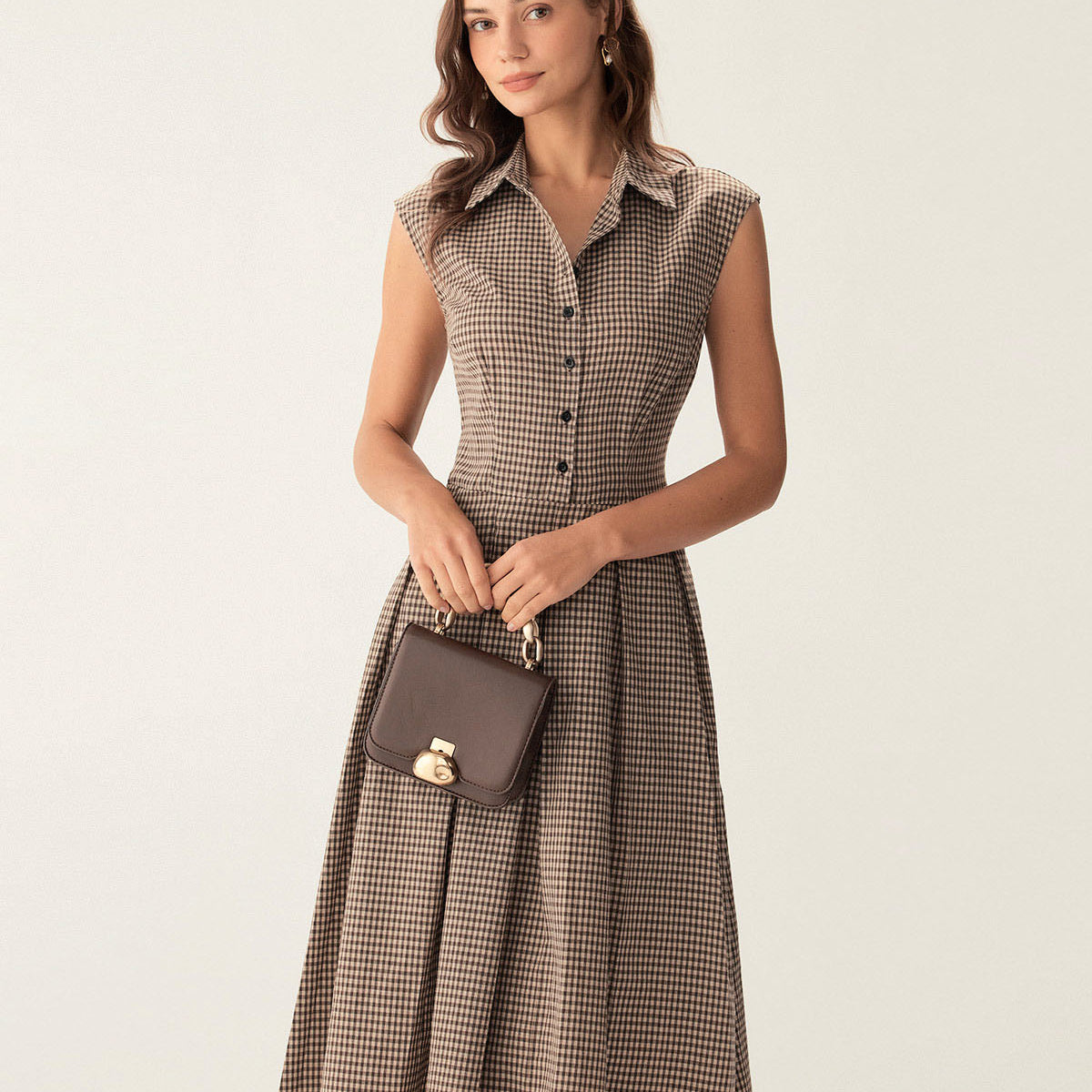 brown plaid button pleated midi dress Rihoas Plaid Collared Button-Down Midi Dress