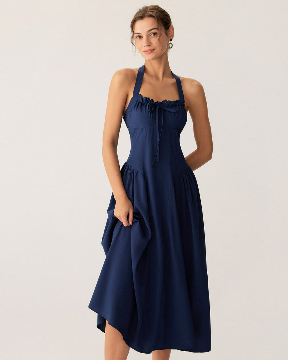 Navy Ruched Halter Midi Dress & Reviews - Navy - Dresses | RIHOAS Navy Ruched Halter Midi Dress & Reviews - Navy - Dresses | RIHOAS
