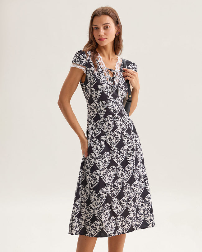 Black Floral Lace Trim Midi Dress