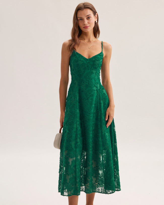 Green Floral Shirred Slip Midi Dress