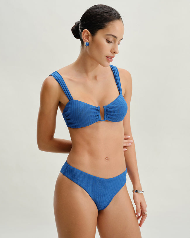 Blue Textured Low Waisted Bikini Bottoms
