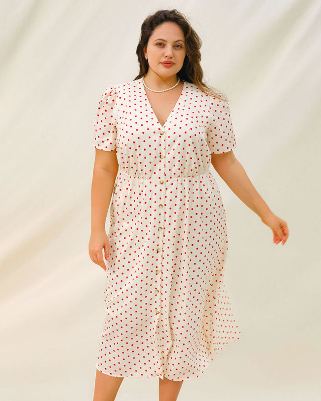 Beige Polka Dot Plus Size Midi Dress