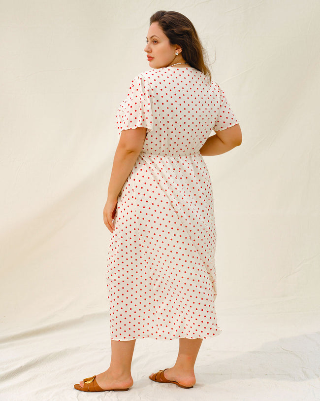 Beige Polka Dot Plus Size Midi Dress