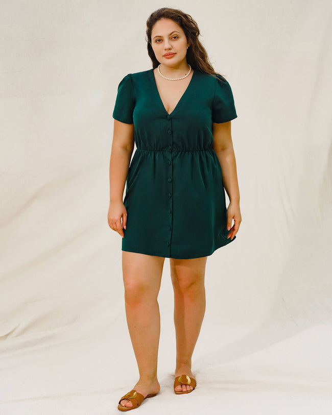 Green Puffed Sleeve Plus Size Mini Dress
