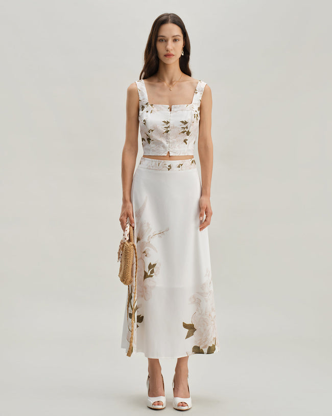 White Floral Midi Skirt