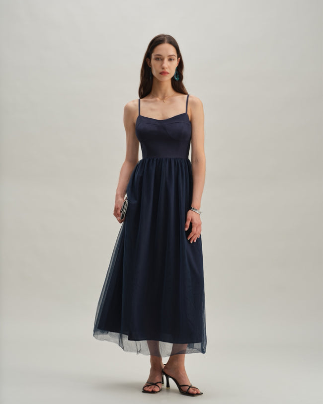 Blue Shirred Flowy Slip Maxi Dress
