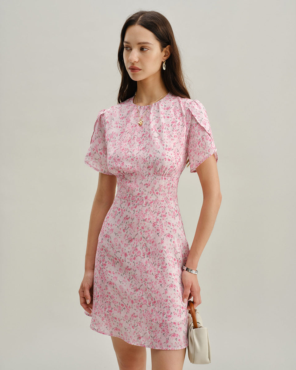 open lace back dress Pink Floral Round Neck Pleated Mini Dress & Reviews - Pink - Dresses